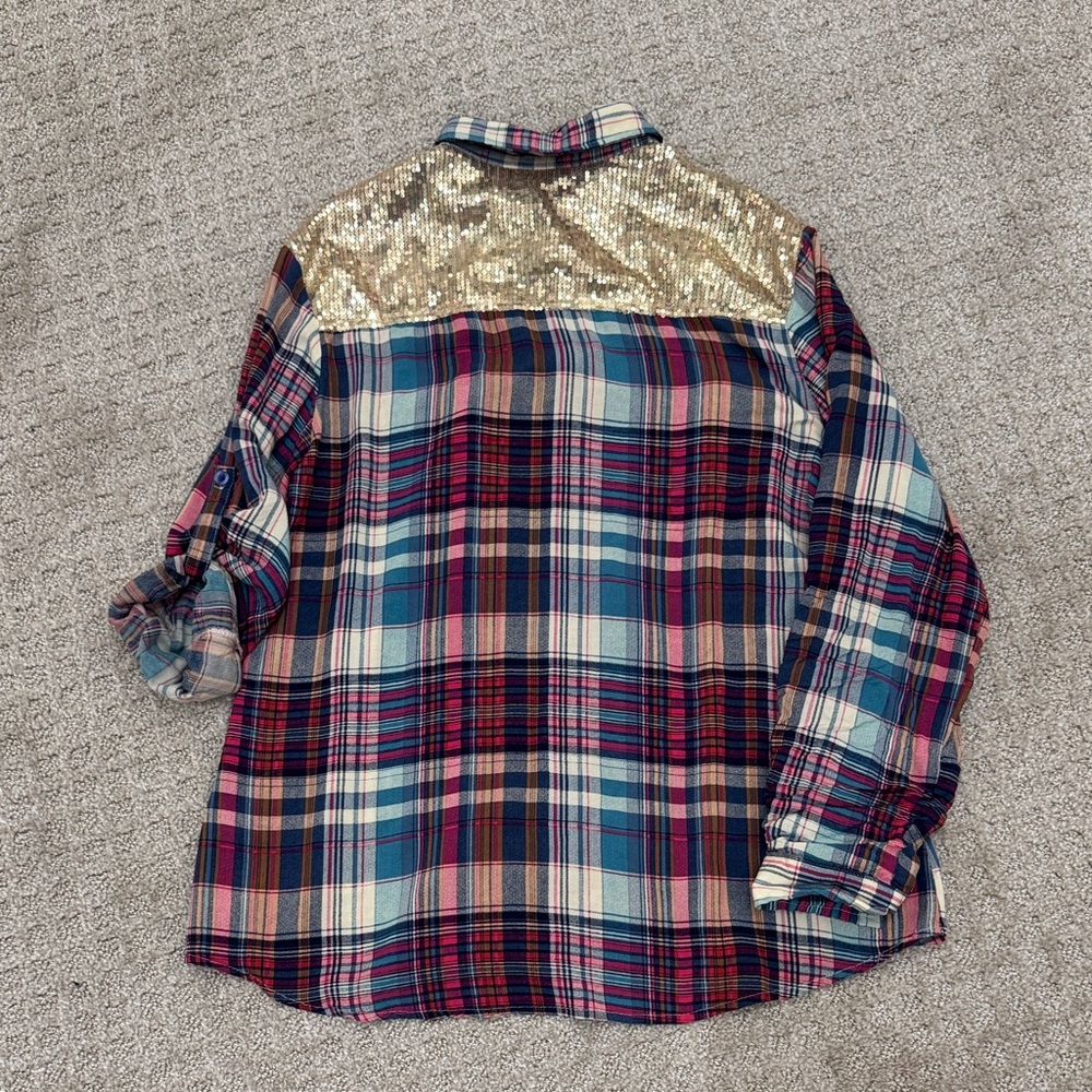 Plaid and sequin button up blouse